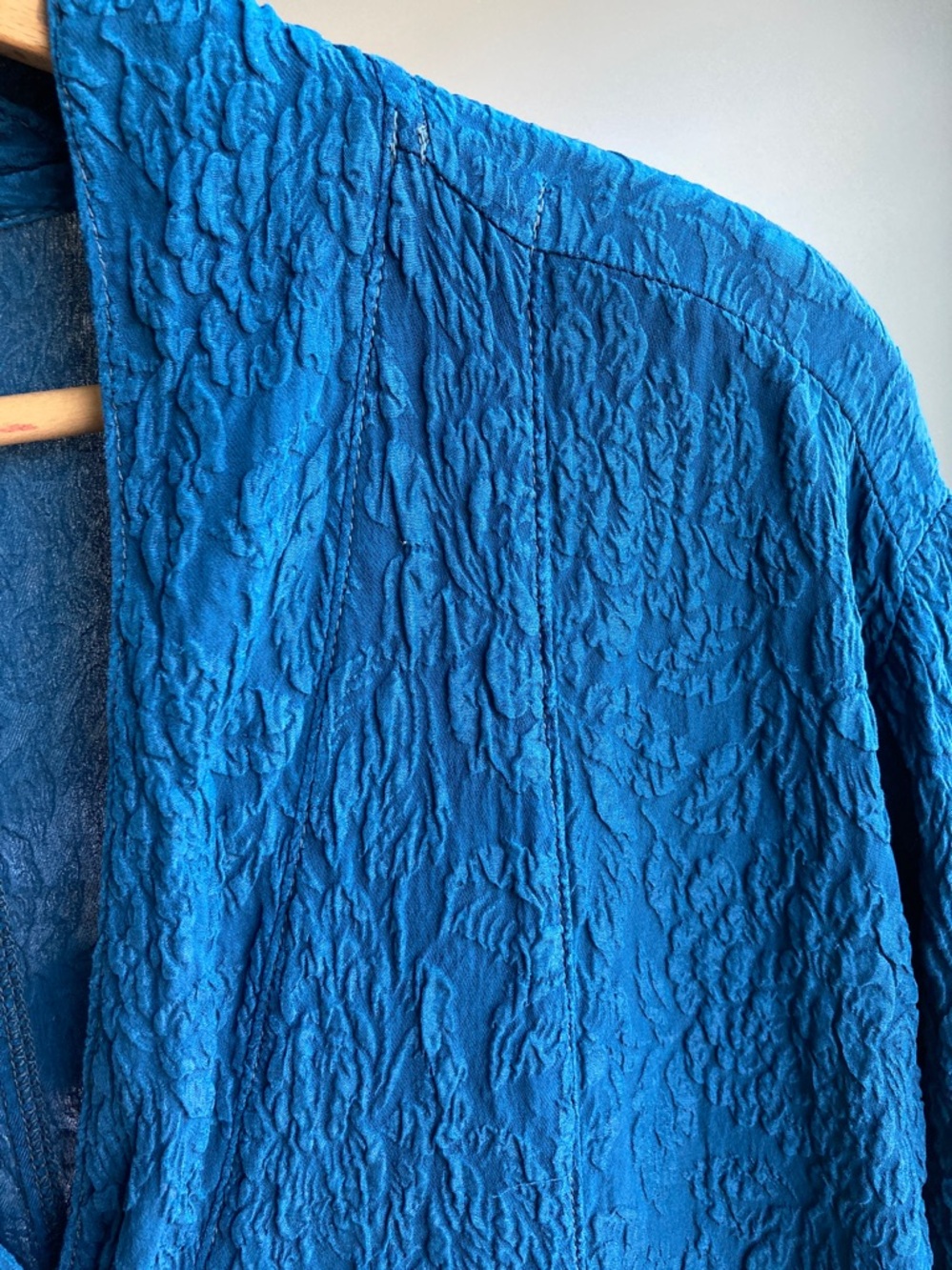 Vintage 90s URU Dark Teal Silk Textured Floral Tunic Jacket Artsy Global 2 M/L - Picture 2 of 11